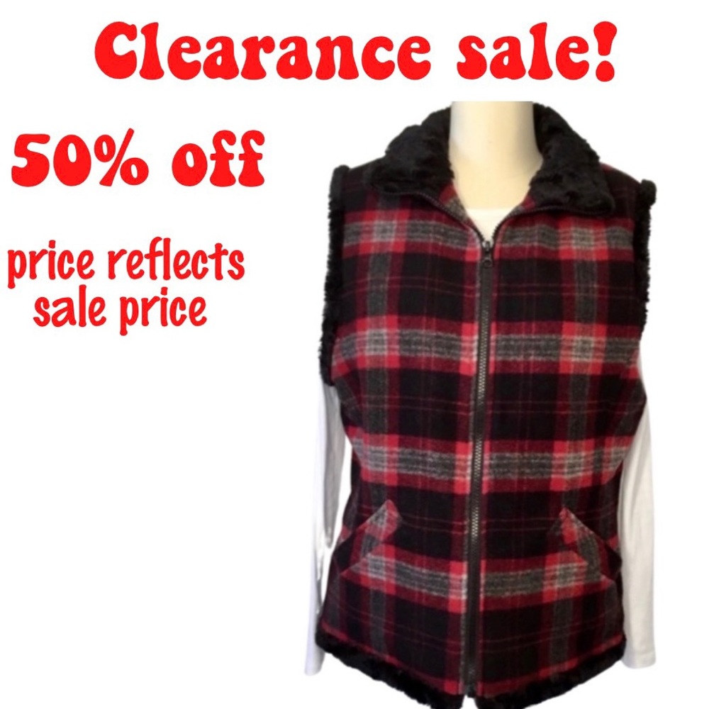 Woolrich Plaid Wool Vest Faux Fur Lined